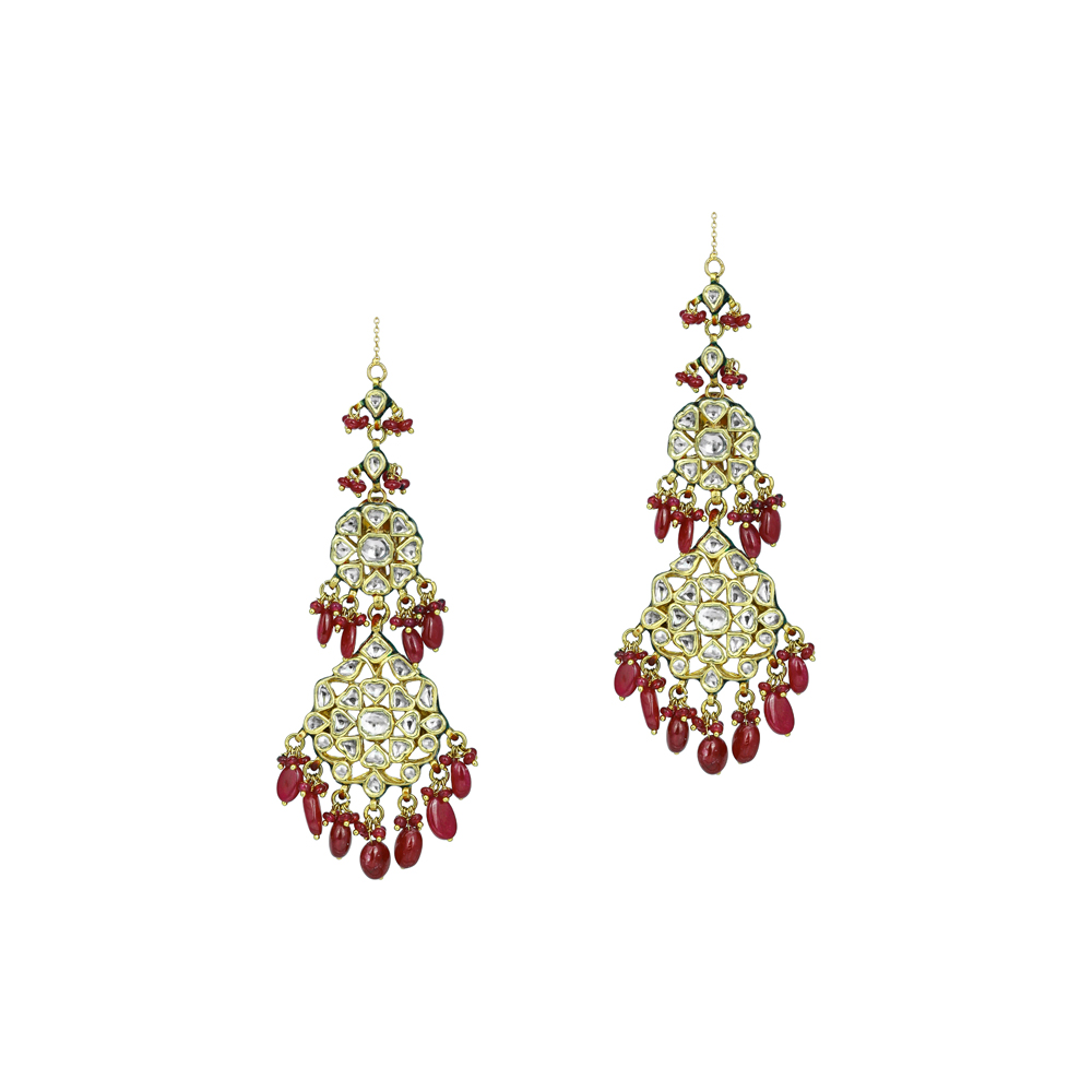 Cascading Polki Diamond Earrings with Ruby Maniya